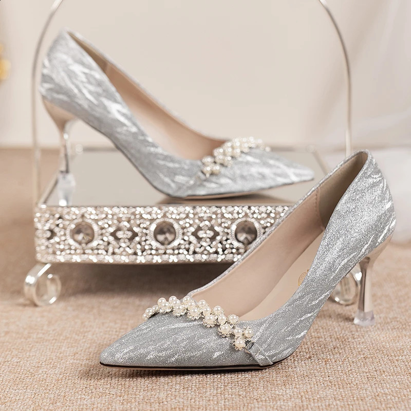 Shining High Heel Pump Womens Autumn Pearl Stiletto Shoes er Shoes Womens Pointed Toe Silver Party Shoes 241223