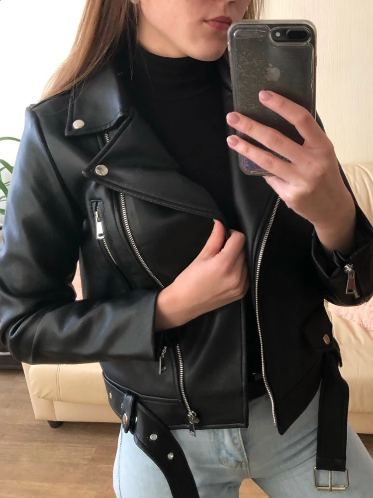 Ailegogo Spring Autumn Women Moto Biker Black Pu Fuax Leather Jacket Streetwear Female Belt Zipper Slim Fit Short Coat Outwear 241218