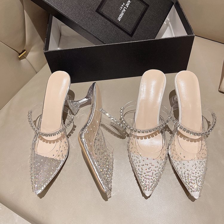 Outwear Ddmywed Summer Pointed Rhinestone Square Buckle High Shoes With Fairy Style Transparent One Line Strap Slim Heel Slippers Chinese Brand F Ddmy