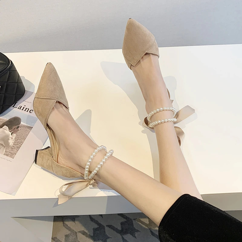 Rimocy Pearl Belt Square High Heels Pump Womens Fashion Pointed Toe Party Shoes Womens Elastic Lace Shallow Shoes Womens 241223
