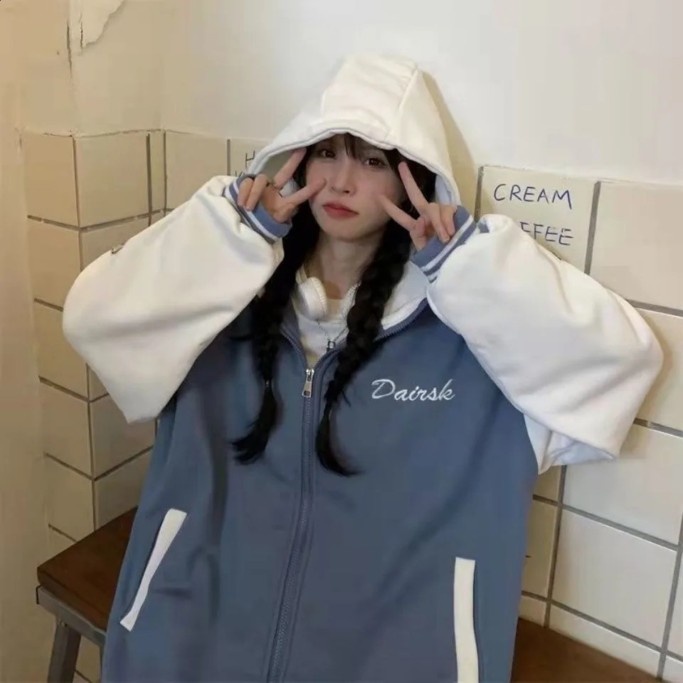 Womens Blue Print Casual Loose Jacket Baseball Hooded Coat Sports Style Autumn and Winter 241218
