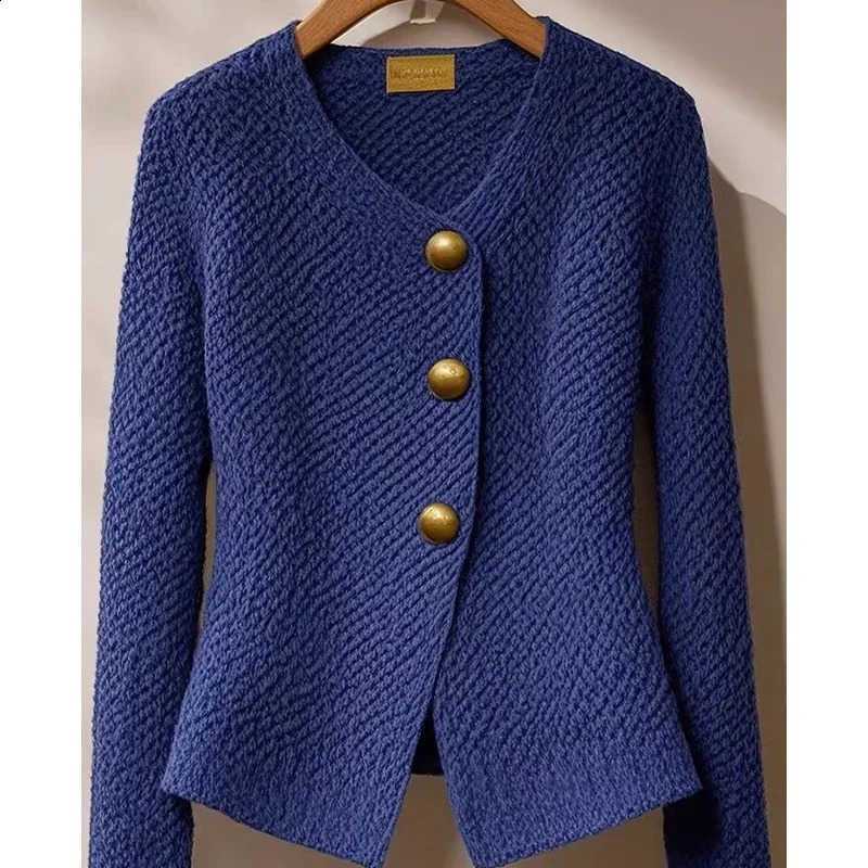 Autumn Winter Fashion Solid Chic Button Thick Knitter Cardigan Womens Clothing Elegant Wool Slim Vneck Commute Blue Sweaters 241220