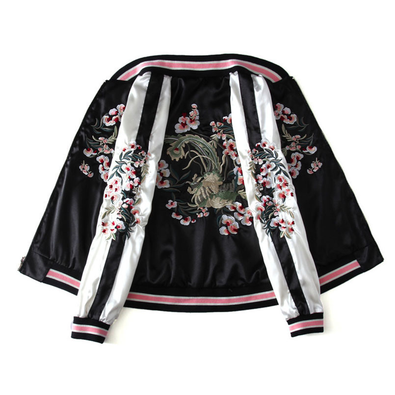 Women's Satin Embroidered Bomber Baseball Jacket Double Sided Female Coat Autumn Japanese Silk Girls