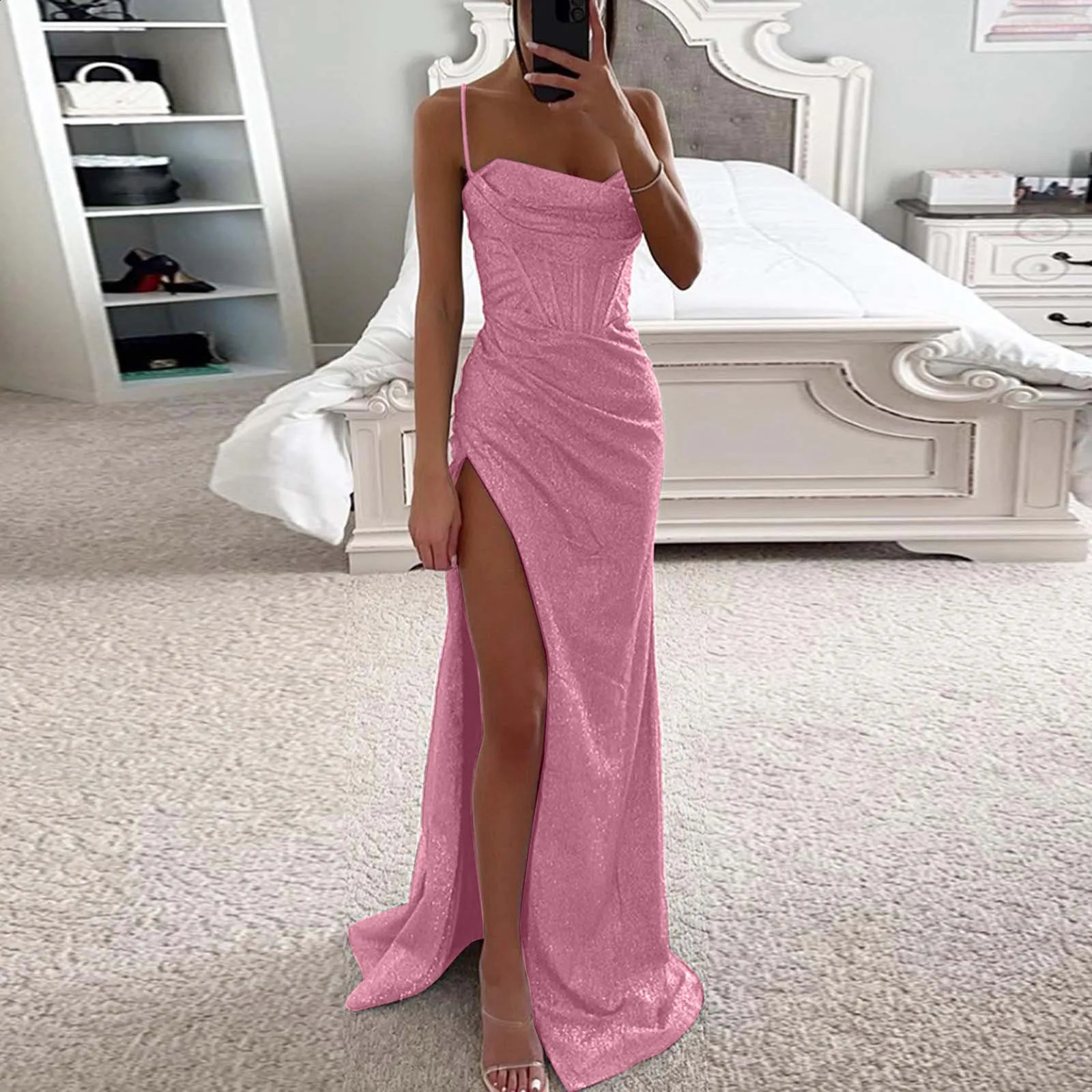 Solid Color Sequin Sleeveless Strap Dress Women Backless Cocktail Party Long Dresses Formal High Slit Sexy Evening Dress 241217