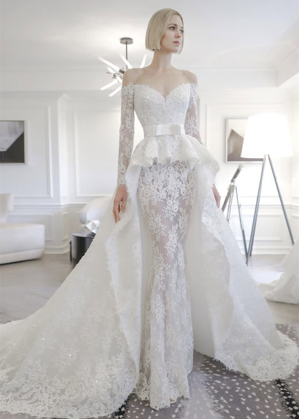 2 In I Lace Mermaid Wedding Dresses With Detachable Skirt Off Shoulder Long Sleeves Boho Beach Bridal Gowns Back Lace-up Modern Strapless 2025 Country