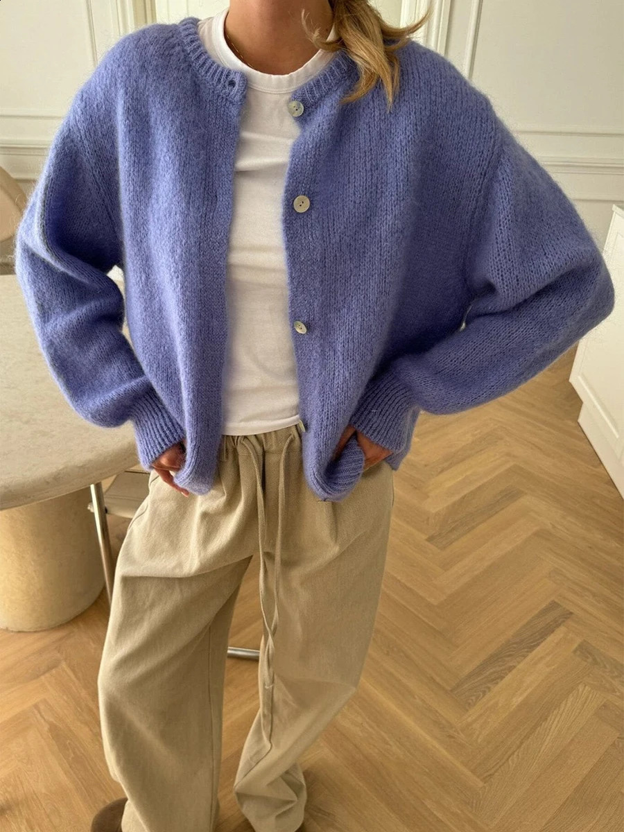 Womens solid color cardigan wool sweater matte long sleeved button down sweater soft knitted top jacket 241223