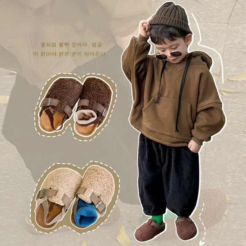 Childrens Fleece Elastic Clogs Baby Boys Girls Plush Slipper Toddler Prewalker Footwear Winter Warm Soft Sole Shoes 241223