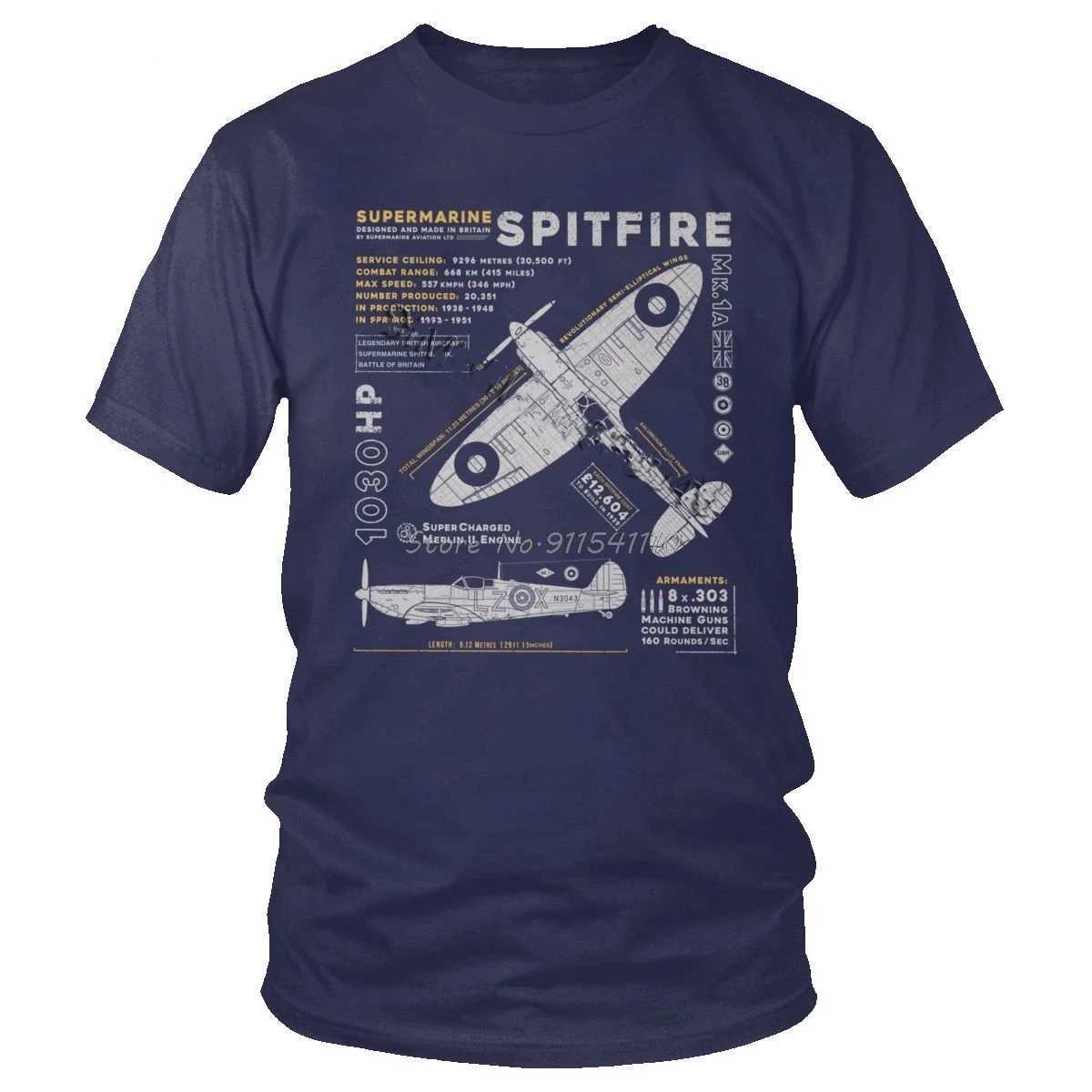 Retro Super Navy Spitfire MK T-shirt Mens Cotton T-shirt Short Sleeve Fighter Jet Pilot Airplane T-shirt Gift W241223