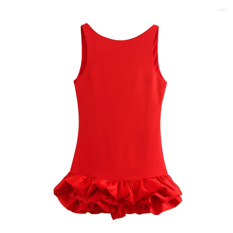 Casual Dresses Elegant Solid Ruffled Hem Sleeveless Bodycon Short Dress Women Sexy Round Neck Slim Mini Vestidos Chic Lady Party Gowns