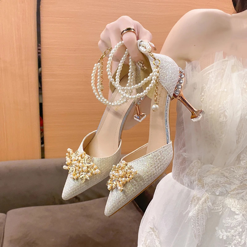 Fashion Pearl Bridal Shoes Pointed Toe Ankle Shoulder Straps Thin Boots Pump Womens Crystal High Heels Bridal Shoes 241223