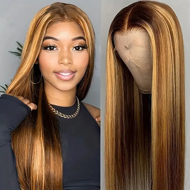 Black Straight Highlight 13x4 Front Similar to Real Human Hair Wigs Blonde Frontal for Women Transparent HD Lace Glueless Synthetic Wig PrePlucked