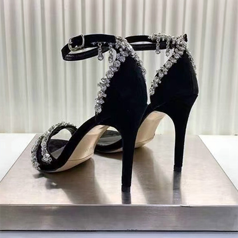 Design Sandals Women Crystal Chains Decor High Heels Dress Party Shoe Woman Black Ankle Strap Sandalias Femmes Prom Pumps