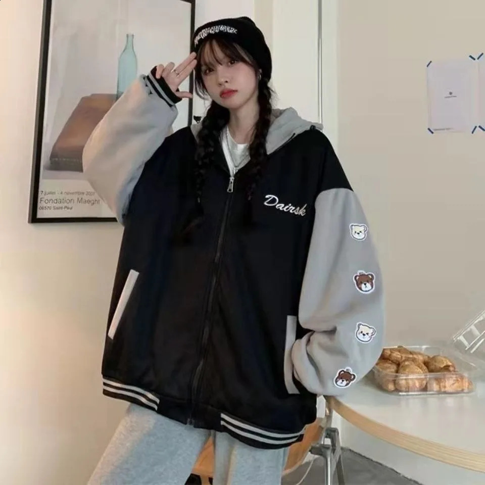 Womens Blue Print Casual Loose Jacket Baseball Hooded Coat Sports Style Autumn and Winter 241218