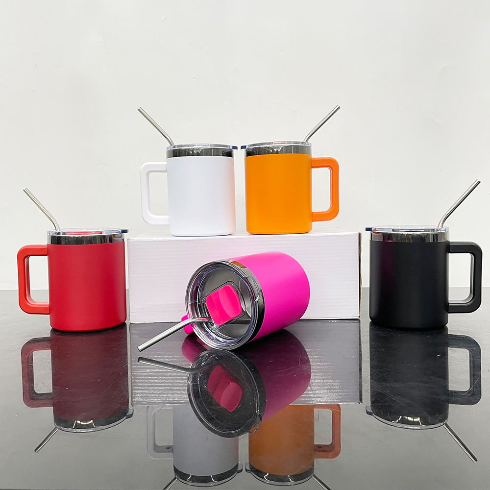 Magnetic sliding lid powder coated mirror black plated underneath travel Coffee stainless steel Mug vacuum insulated tumbler with removable plastic ha