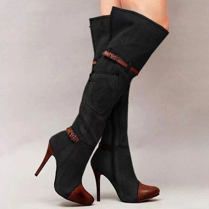 Botas Over The Knee Women Boots Autumn Winter Denim High Heels Ladies Shoes Sexy Buckle Strap Platform Long Boot Thigh High Boot 241224