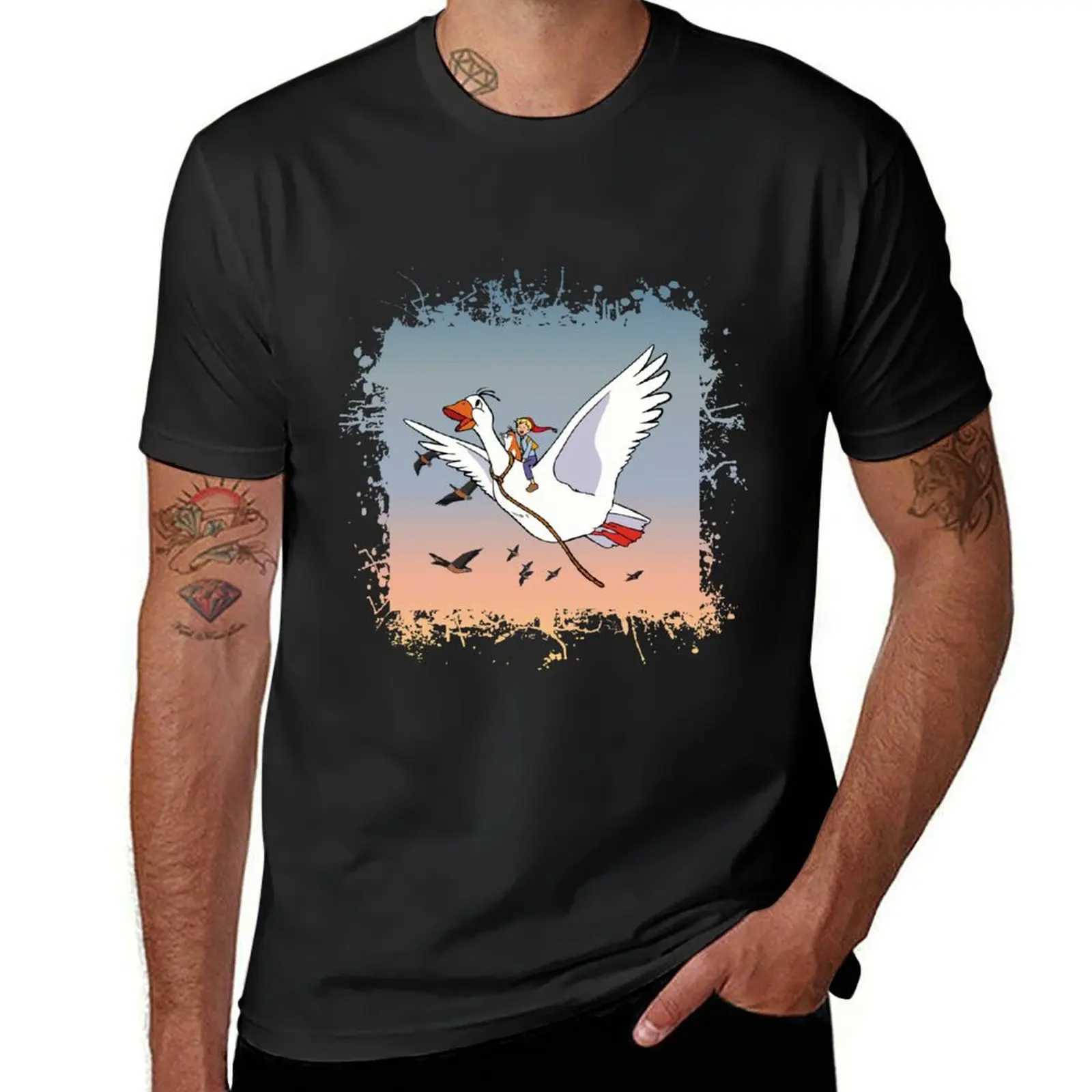 Nils Holgerson Flying T-shirt for Boys White Flat Top Mens T-shirt W241223