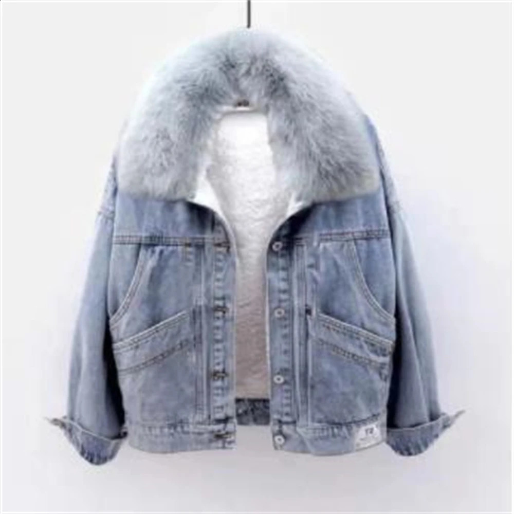 Winter Denim Jacket Women Fashion Fur Collar Warm Fleece Velvet Lining Denim Coats Bomber Jacket Female Blue Chaqueta Mujer 241220