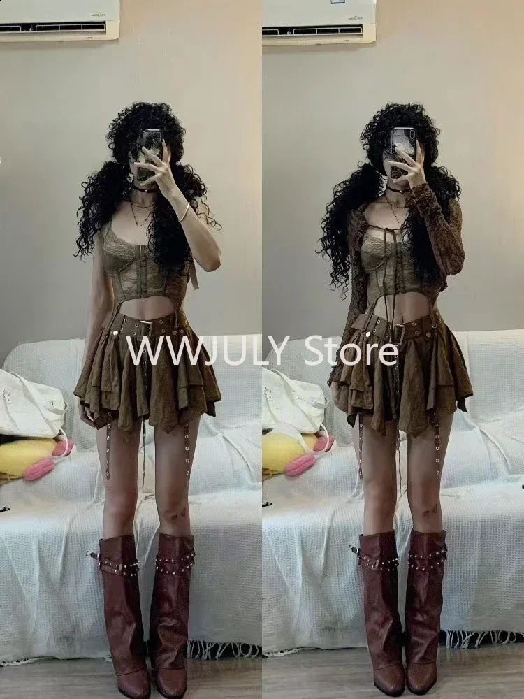 Harajuku retro fashion 3-piece womens short cardiganultra-thin vestY2k E-Girl high waisted skiing girl Korean style set 241219
