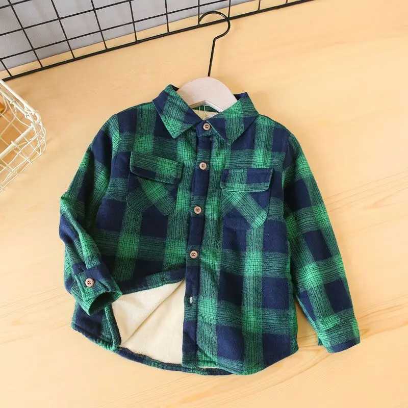 Boys wool checkered polo shirt baby thick warm long sleeved top pure cotton jacket fashionable Korean sled childrens clothing W241223