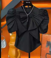 2024 New Fashionable and Stylish Solid Color Versatile Wrinkle Bow Split Bubble Sleeve Shirt Womens Top Trendy 241223