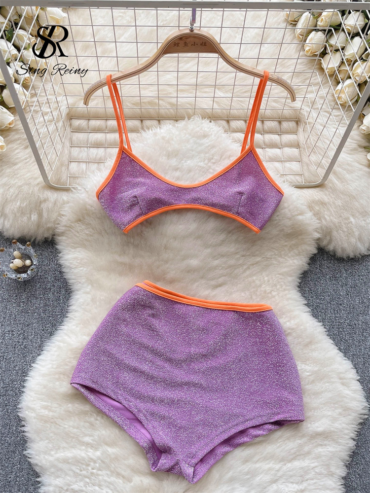 SINGREINY Fashion Vacation Shiny Swimsuits Women Strap Backless Camisole+Elastic Waist Shorts Sexy Bikini Beach Two Pieces Suits