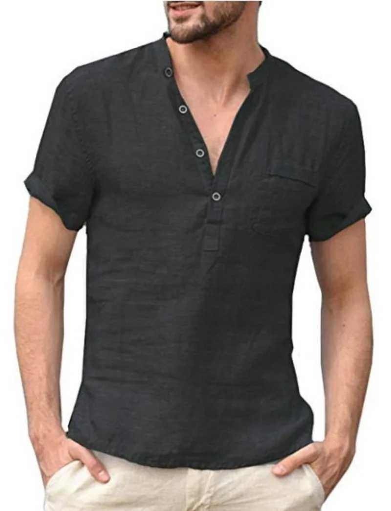2023 new hot cotton hemp rope short sleeved mens T-shirt stand up collar button simple short sleeved shirt S-5XL W241223