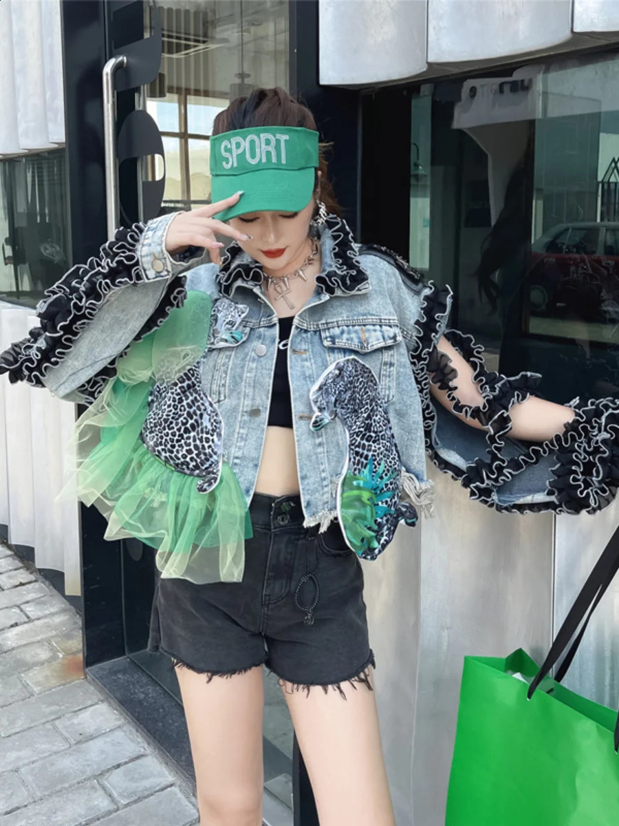 Autumn Heavy Industry Thread Sleeve Mesh Stitching Leopard Print Patterned Denim Women Jean Jacket High Street 241223