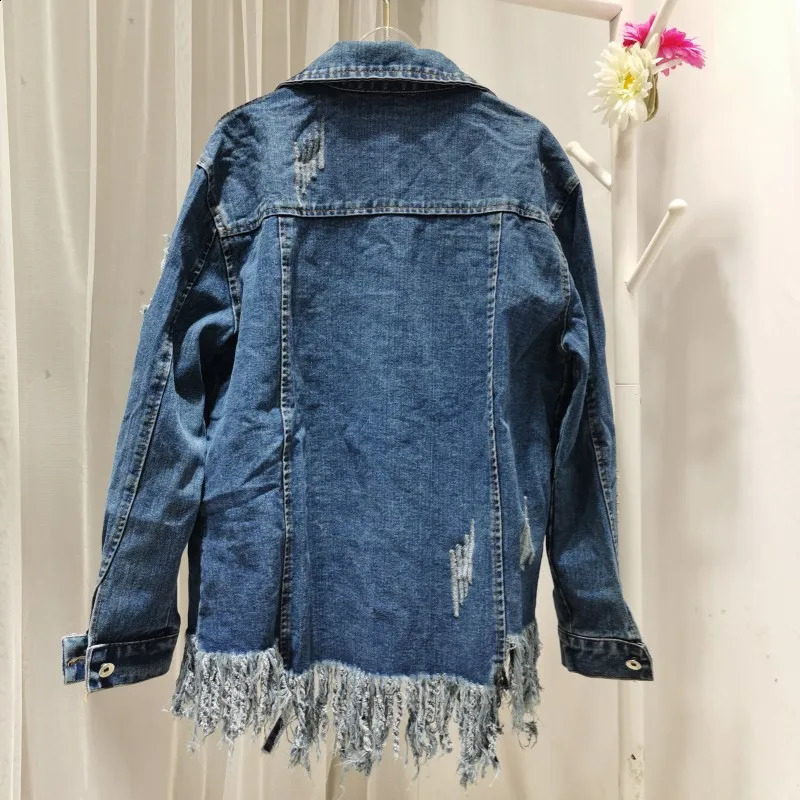 Outerwear Denim Jacket for Women Autumn and Spring Loose Diamond Irregular Tassel Hem Jean Jacket Fashion Coats Tops 241223