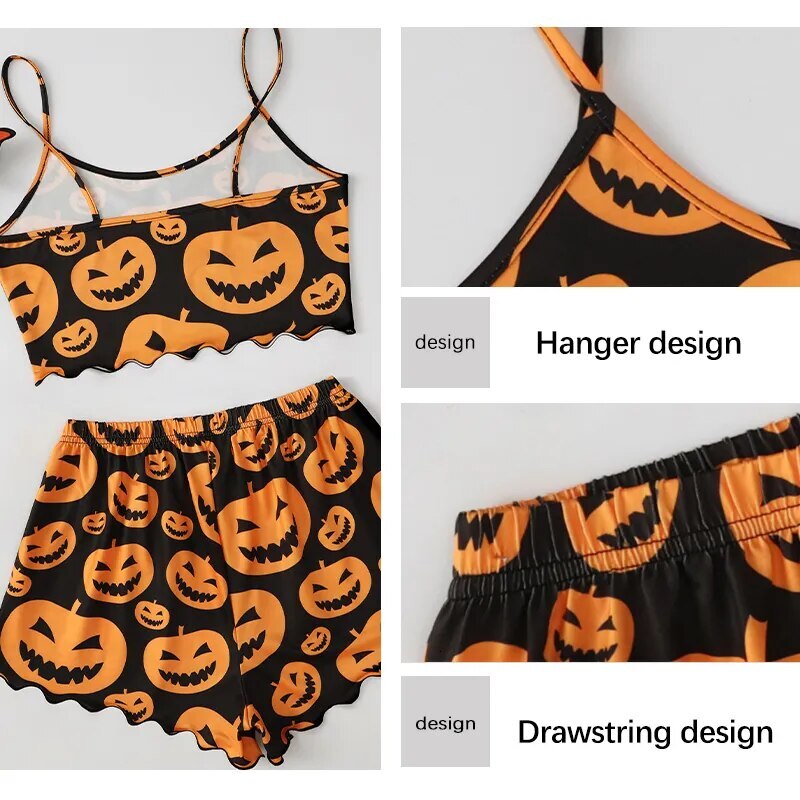 Halloween Pama Set Spooky Head Print Round Neck Camisole Top And Pumpkin Lettuce Side Shorts Homewear Pa