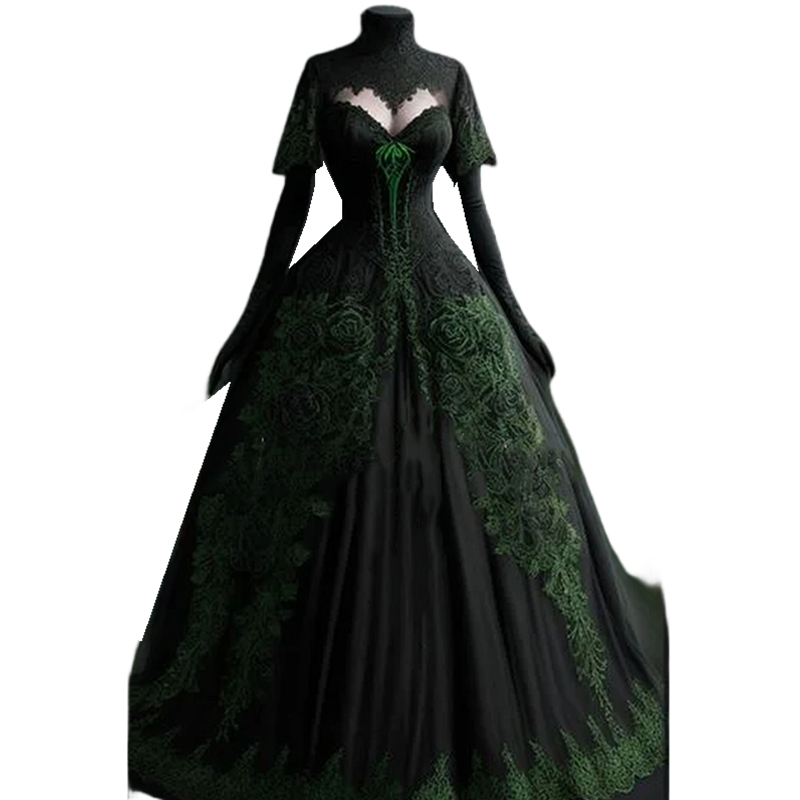 Vintage Gothic Prom Dresses Black And Green Corset Special Occasion Gowns Lace Appliques Short Sleeves High Neck Lace-Up Princess Evening Dress Vestid