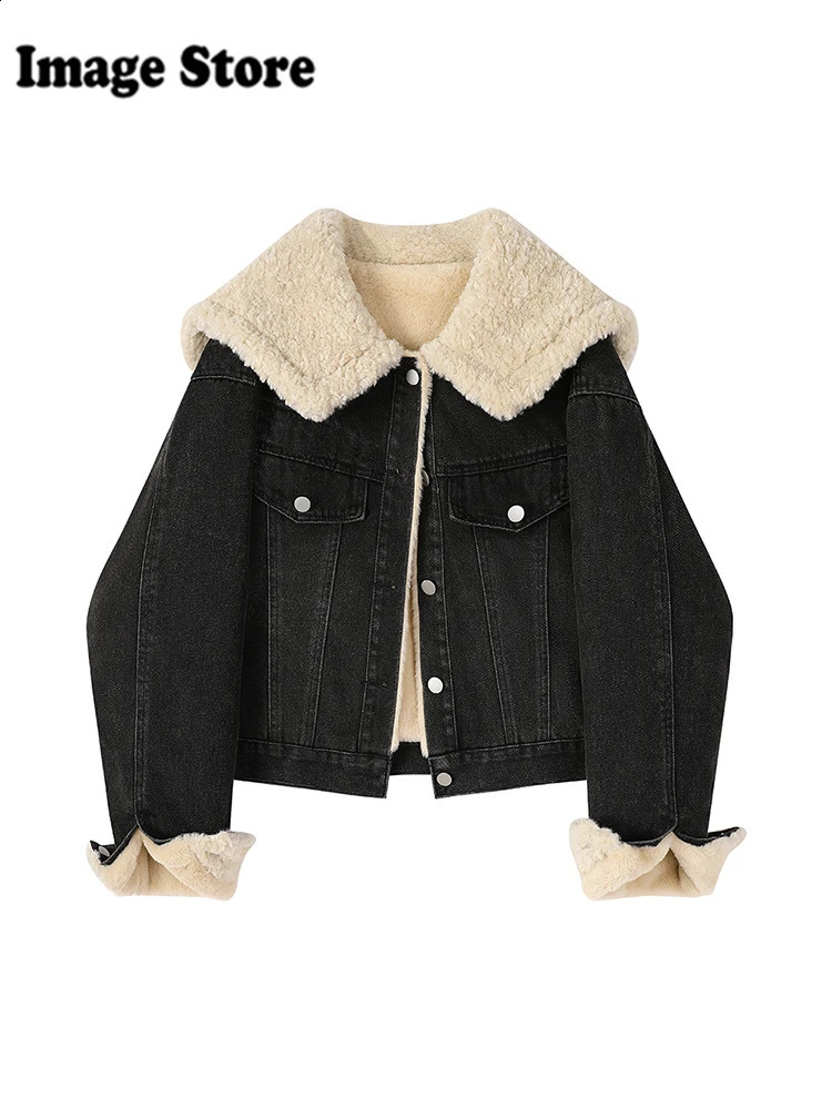 Winter Women Korean Sailor Collar Thick Lambs Wool Jean Jacket Warm Outwear 2000s Vintage Harajuku Denim Coat Old Money Tomboy 241218