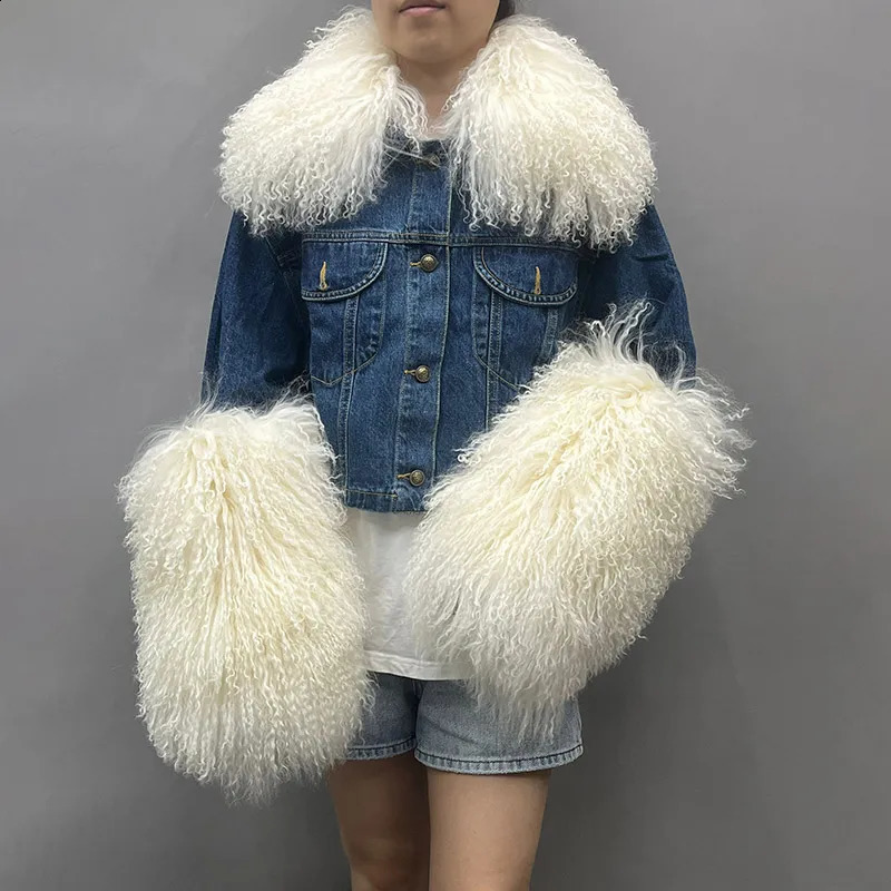 Arrivals Fluffly Real Mongolian Fur Denim Jacket Women Big Collar Natural Fur Coat Lady Fashion Denim Coat S5595B 241220