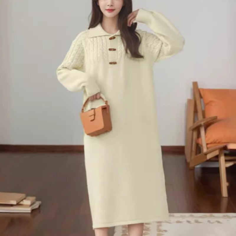 L1112 Casual Korean style lapel knitted dress for women autumn and winter new loose inner wear medium-length sweater bottoming skirt