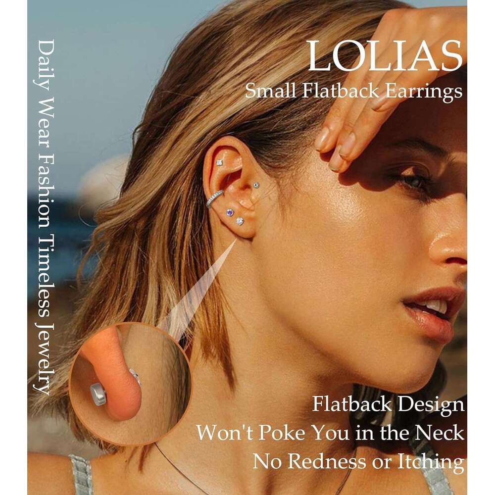 Hypoallergenic Surgical Sensitive Ears-20G Flat Back for Women Men-Small Stainless Steel Studs Hoop Cartilage Earring Opal Ball CZ Flatback Earrings