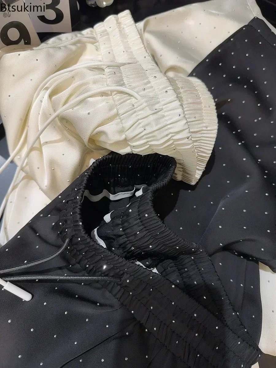 2025 High Quality Full Rhinestone Wide Leg Pants Fashion Drawstring High Waist Straight Pants Ladies Casual Trousers 241220