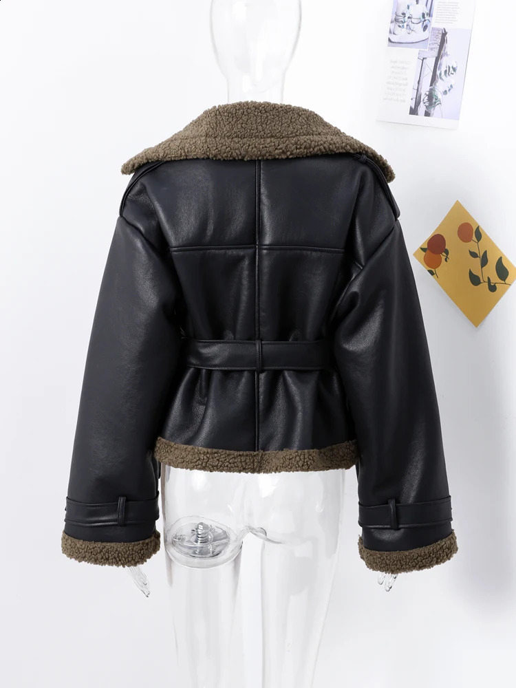 Fashion PU Leather Lamb Wool Cropped Coat With Belt Women Turn Down Collar Long Sleeve Short Bike Jacket Autumn Winter Chic Tops 241218