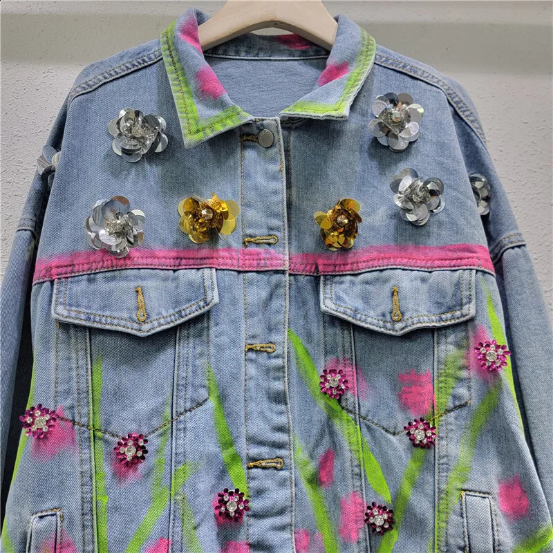 Sequin Flower Decoration Hand-painted Graffiti Printing Blue Denim Jacket Autumn Women Casual Lapel Long Sleeve Jeans Jackets 241223