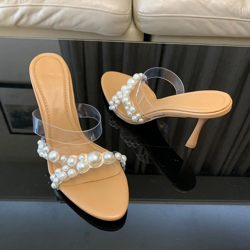 Summer Womens Pump Fashion High Quality Shoes Womens Pearl Stud Leather Toe High Heels Sandals 241223