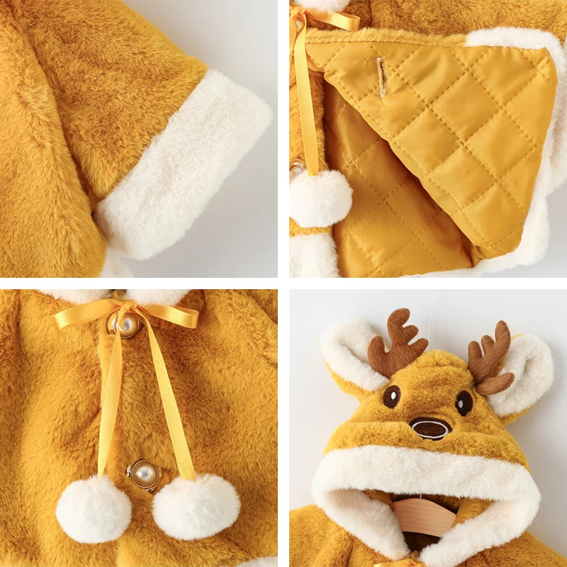 Cute Elk Plush Baby Jacket Autumn Winter Baby Girls Coat Warm Hooded Outwear Christmas Princess Cloak Toddler Girl Clothes 241223