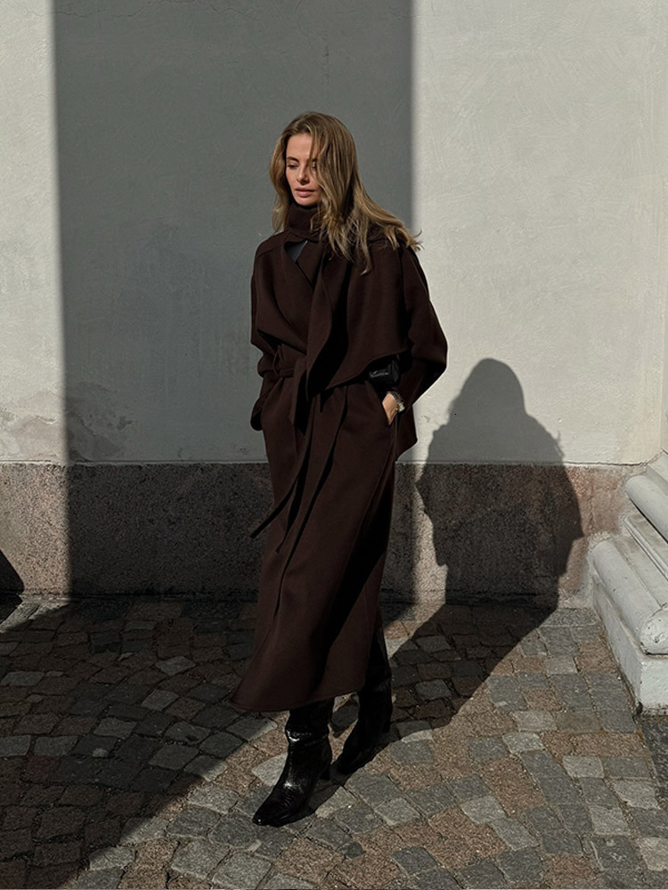 Vintage Brown Scarf Collar Women's Overcoat With Belt Fashion Long Sleeve Pockets Woolen Jacket Lady New Loose Streetwear