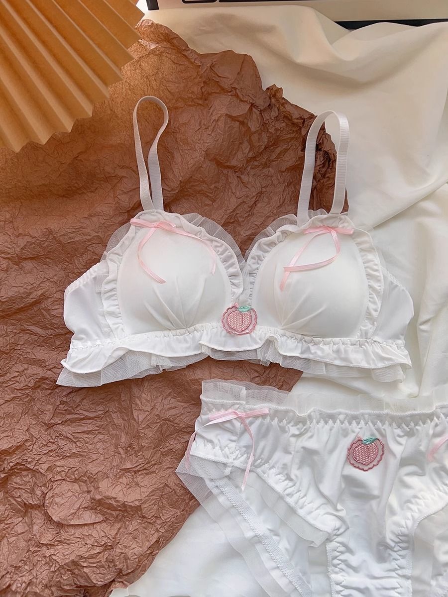 Cute Lolita gerie Women's Japanese Sweet Bow No Underwire Small Boobs Gathered Not Empty Cup Bra