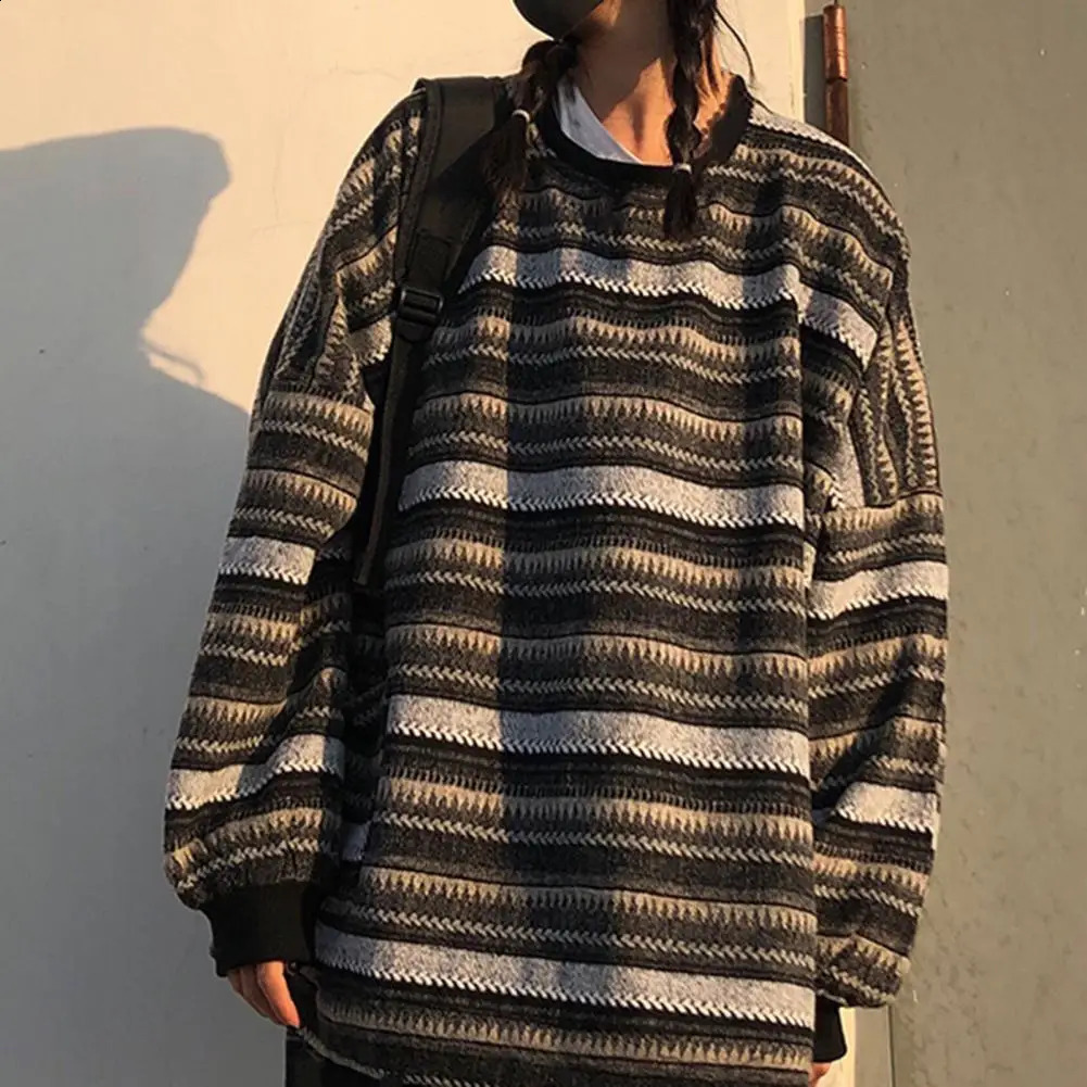 Women Round Neck Sweater Stripe Vintage Style Slouchy Oversized Fall Soft For Daily Wear Long Sleeve Oversize Pullover 241220