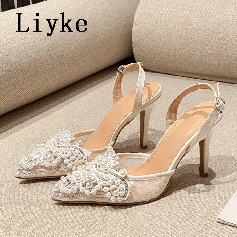 Liyke sexy back buckle strap womens pump fashionable crystal pearl mesh pointed toe suspender high-heeled sandals womens shoes 241223