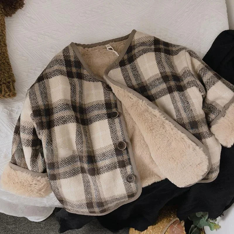 Woolen Plaid Childrens Plush Coat Korean Version Autumn and Winter Boys and Girls Coats Loose Baby Cotton Padded Clothes 241223