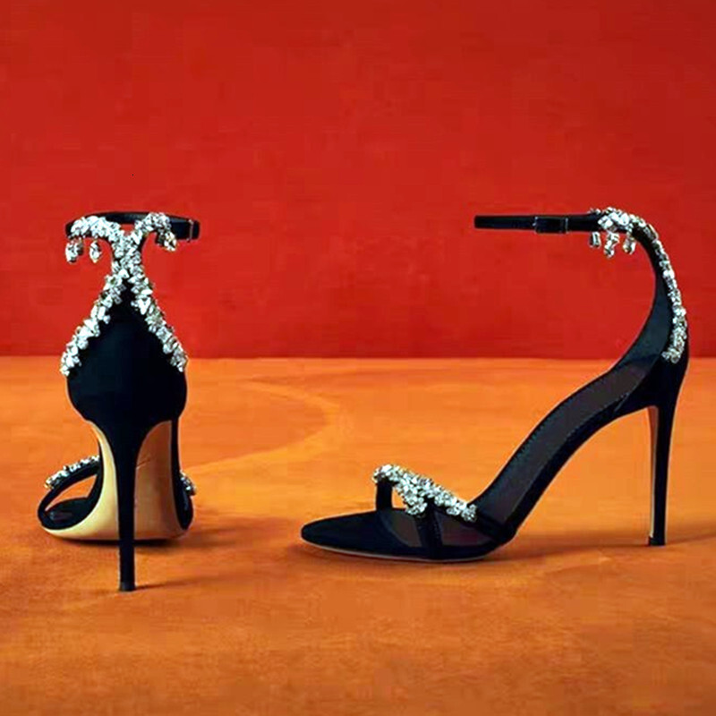Design Sandals Women Crystal Chains Decor High Heels Dress Party Shoe Woman Black Ankle Strap Sandalias Femmes Prom Pumps