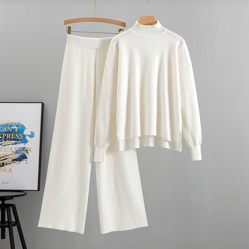2023 2 Pieces Women Loose Tracksuit Turtleneck + Wide Leg Pants Pullover Sweater Set CHIC Knitted Outwear