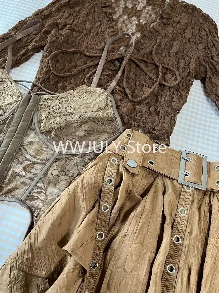 Harajuku retro fashion 3-piece womens short cardiganultra-thin vestY2k E-Girl high waisted skiing girl Korean style set 241219