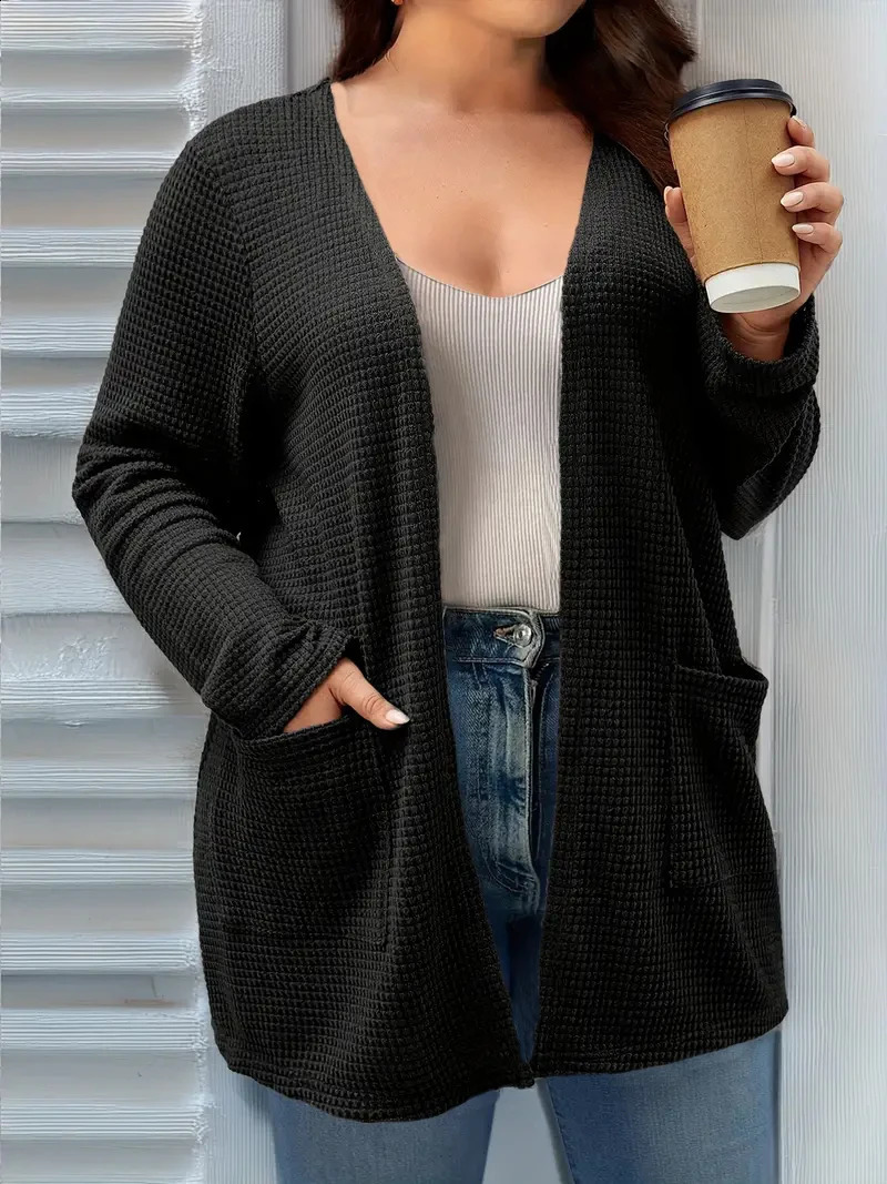Plus size pure color pocket cardigan coat casual longsleeved shirt suitable for spring and autumn wear women plus cloth 241220