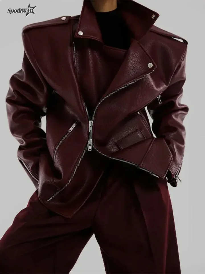 Women Burgundy Leather Double Zipper Motorcycle Jacket Fashion Loose Lapel Long Sleeve Pu Cropped Coats Autumn Female Streetwear 241220
