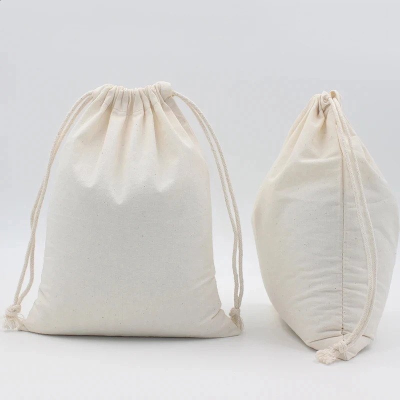 Wholesale 100pcslot Custom Printed Natural Cotton Drawstring Pouch Gift Package Bags Personalize Texts Plain Storage 241213